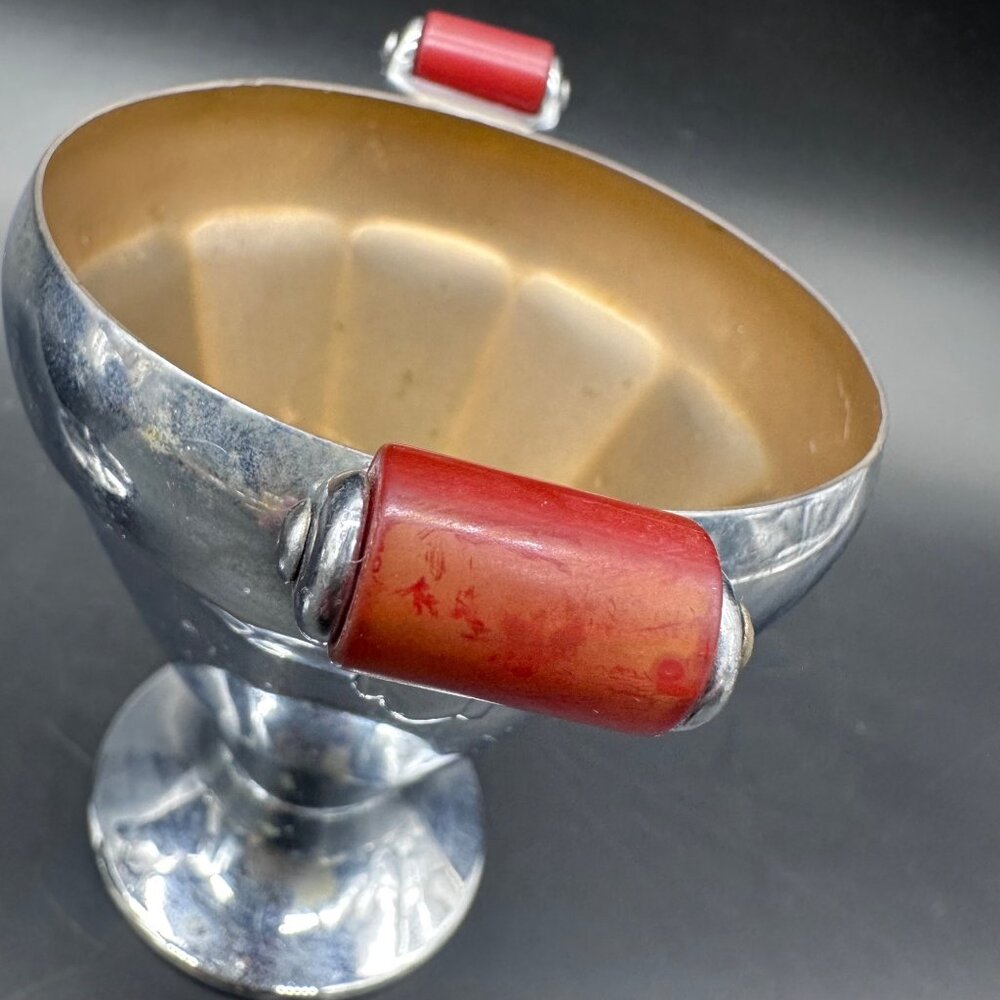 Vintage Creamer Sugar Bowl Art Deco 1930s Chrome Cherry Red Bakelite Handles - Picture 10 of 14